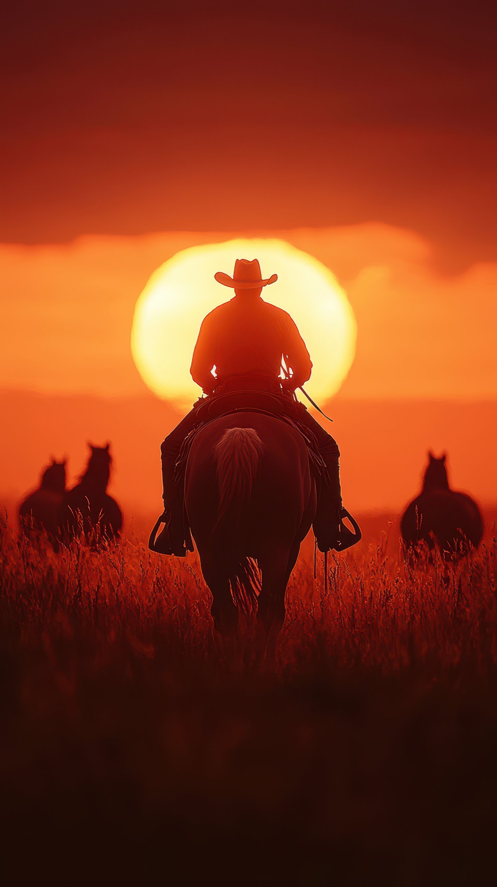 Cowboy riding into sunset with horses grazing in warm golden light during evening hours in open field